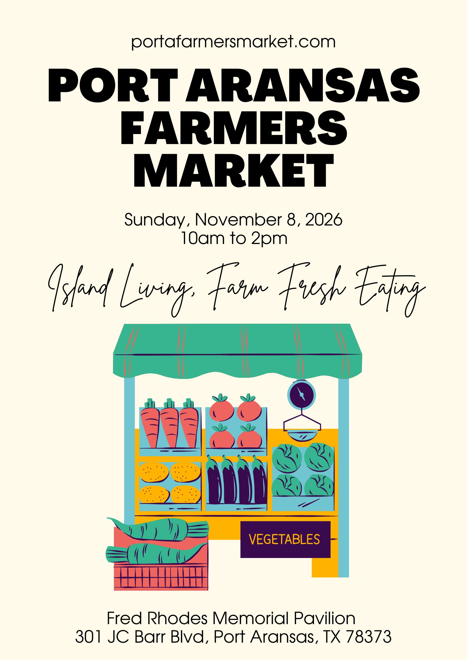 Port Aransas Farmers Market flyer with a colorful vegetable stand